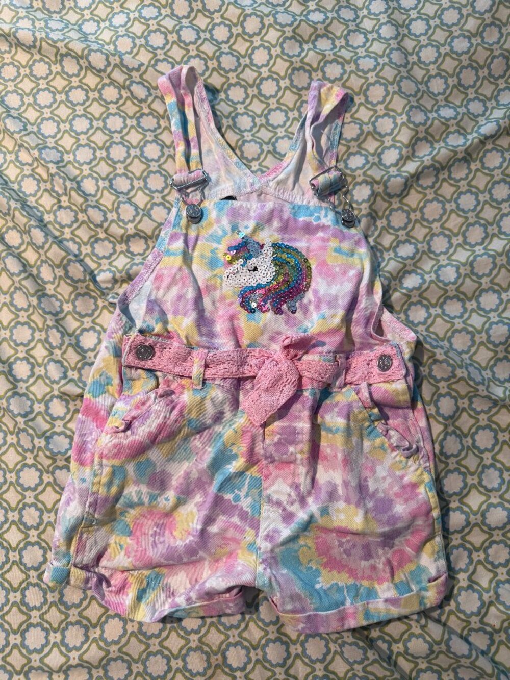 My Destiny Girls 6X Pastel Tie Dye Unicorn Sequin Shortalls Overalls